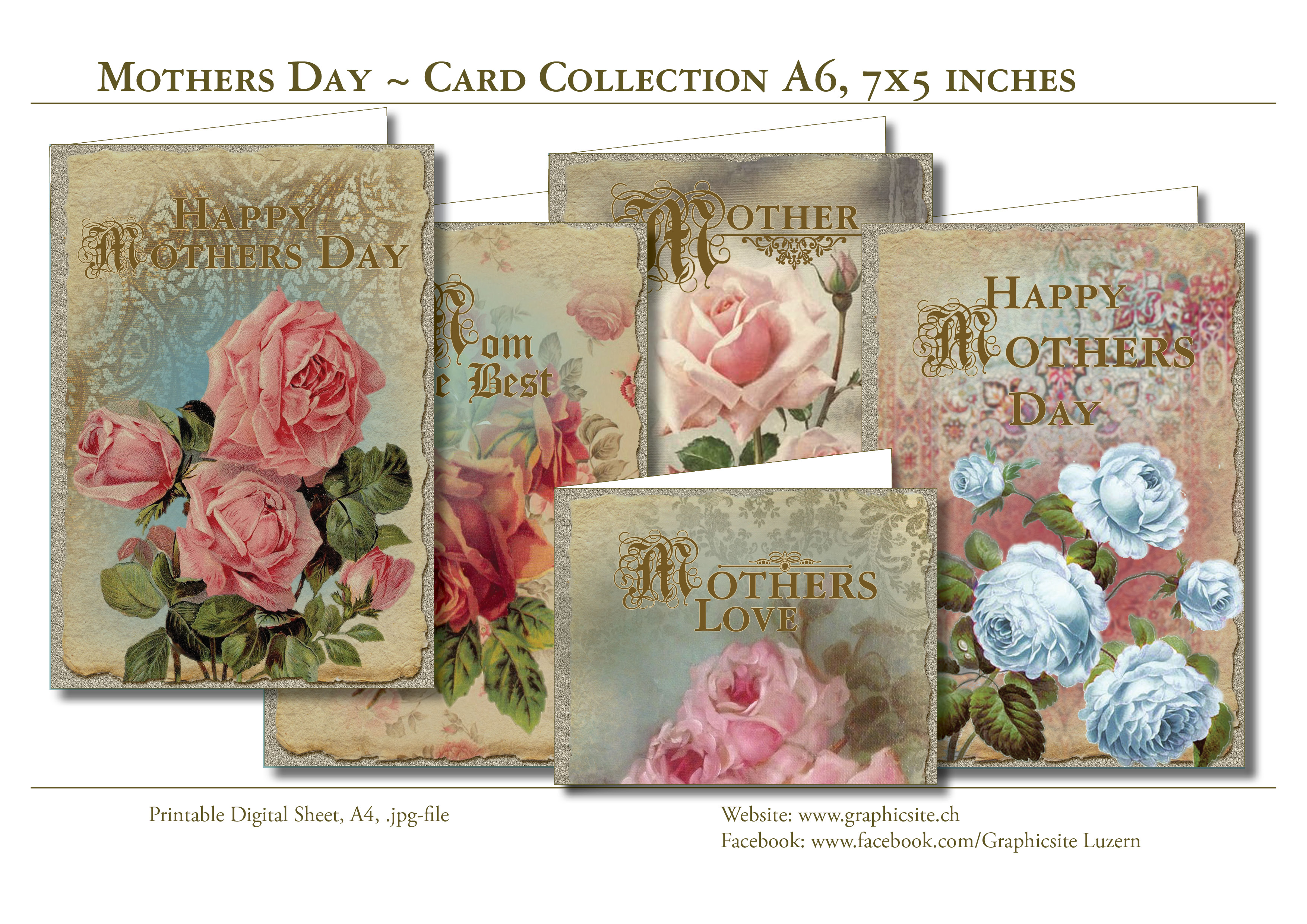 Printable Digital Sheets, Card Collection, MothersDay, Roses, Vintage, Flowers,
